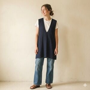 RTH Tunic Top Women OS Navy Blue Deep V-Neck Gingham Gauze Layering Minimalist